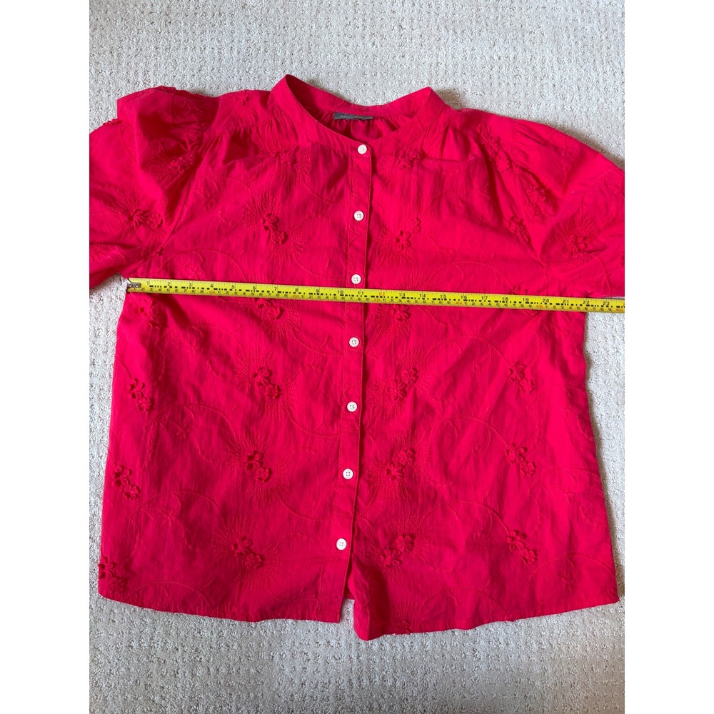 Women's L Red Embroidered Cotton Boho Fall Romantic Whimsical Classic Button-Up